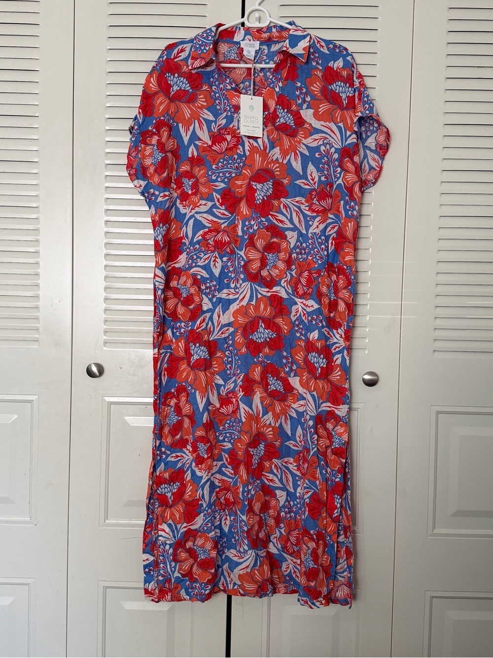 Sigrid Olsen Resort Maxi Dress in Bold Red Orange Blue Floral Pattern Size S